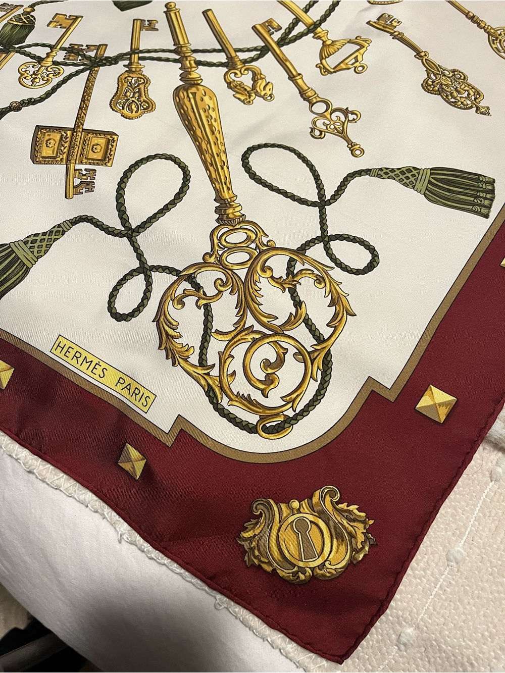 Hermes Les Cles Carre Gold, Cream & Maroon Iconic Key Motif Silk Scarf